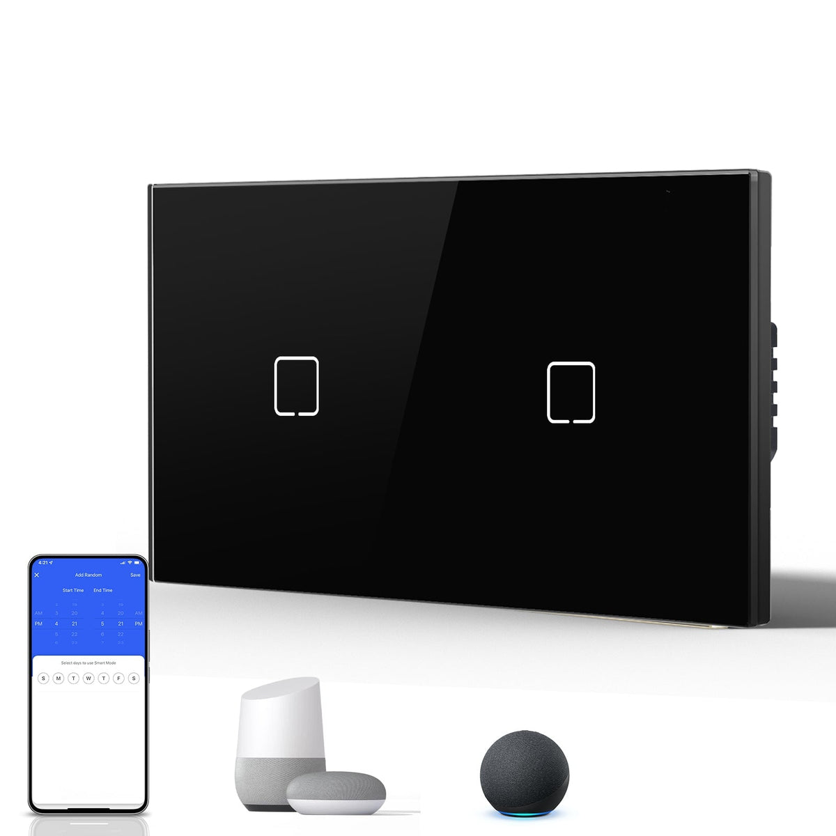 Echo Serie Smart Wifi Light Switch (With Neutral) Double Light Switch For Home Glass Panel Light Switches Bseedswitch Black 1 Gang 