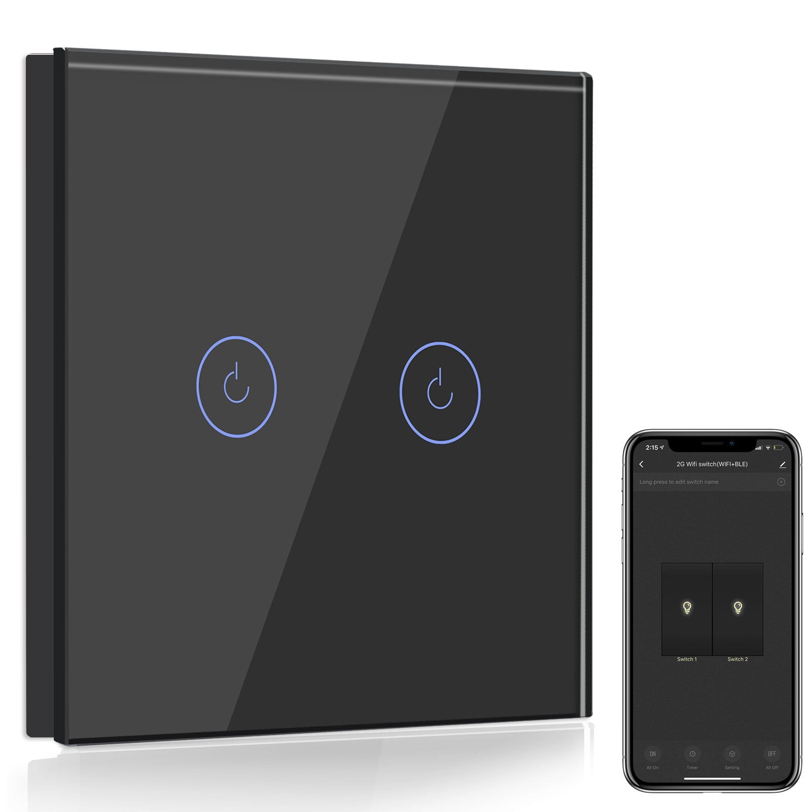 Bseed Smart Wifi Light Switch Wall Switch (With Neutral) Light Switches Bseedswitch Black 1Pcs/Pack 2 Gang