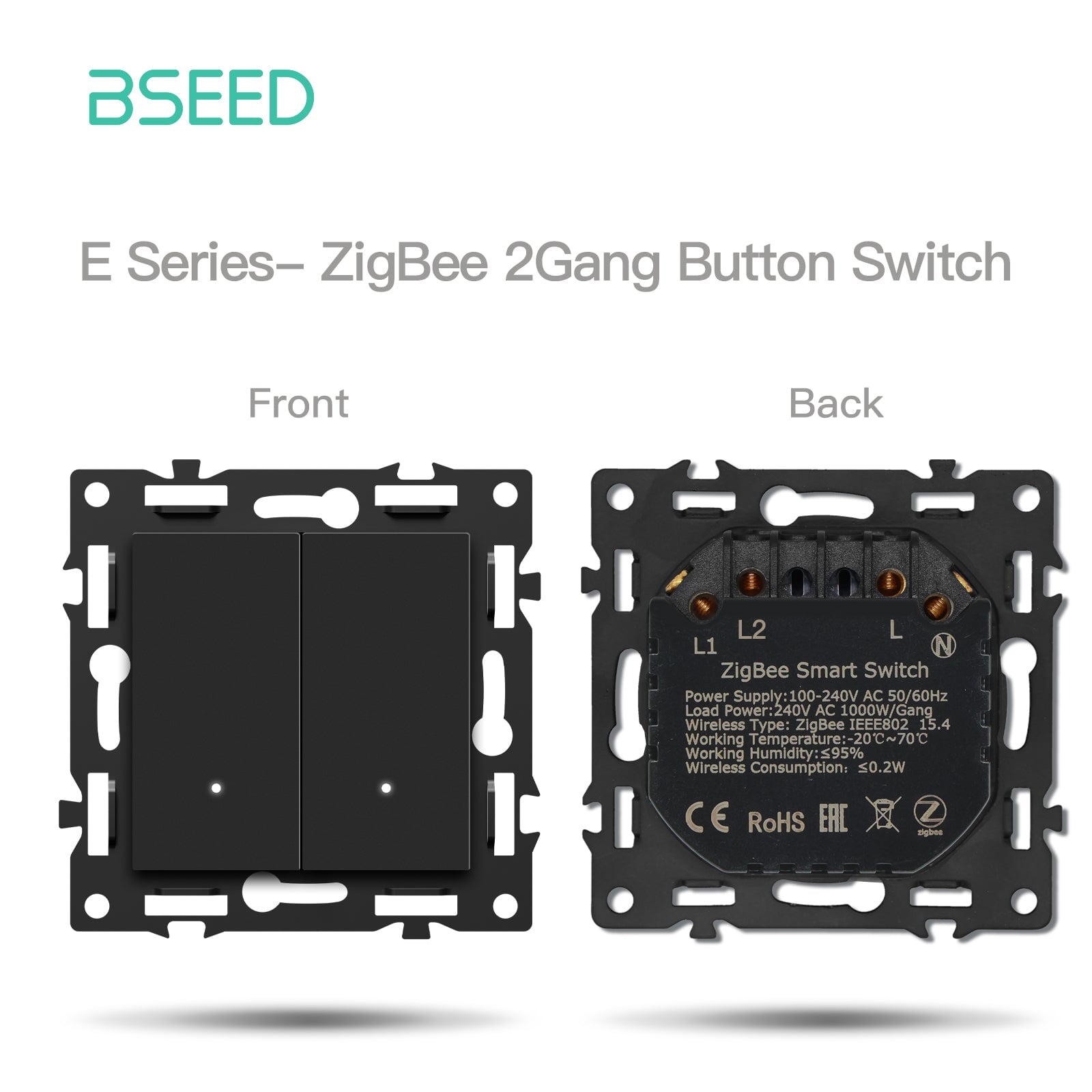 BSEED DIY Part Customized Free Combinations Mechanical Switch Socket Insert Black Color Crystal Glass Panel Light Switches Bseedswitch Zigbee 2 Gang Switch with Neutral 