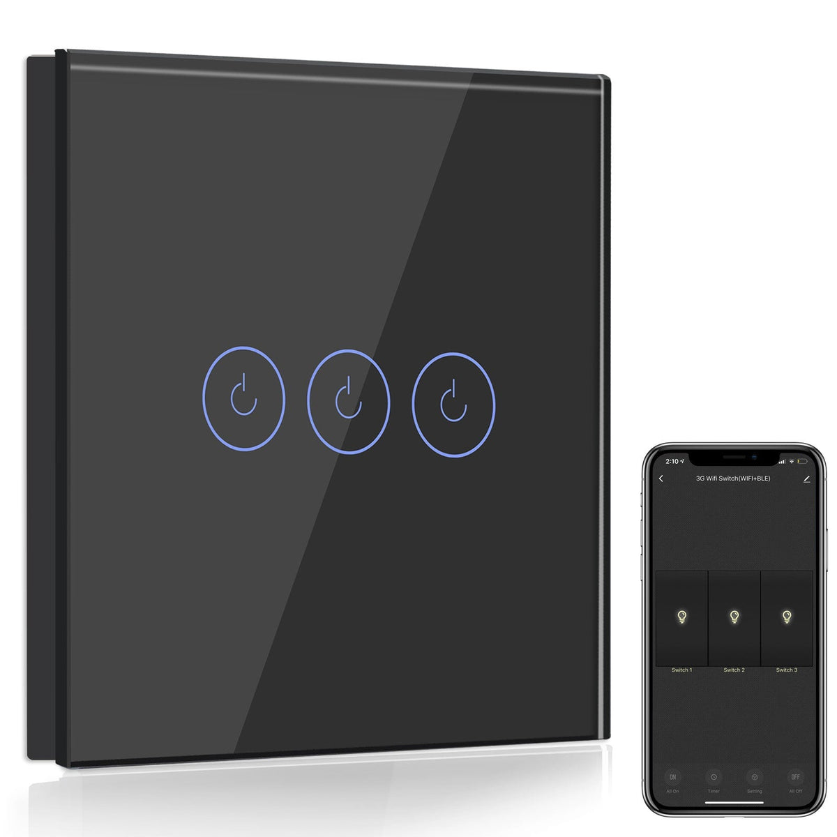 Bseed Smart Wifi Light Switch Wall Switch (With Neutral) Light Switches Bseedswitch Black 1Pcs/Pack 3 Gang