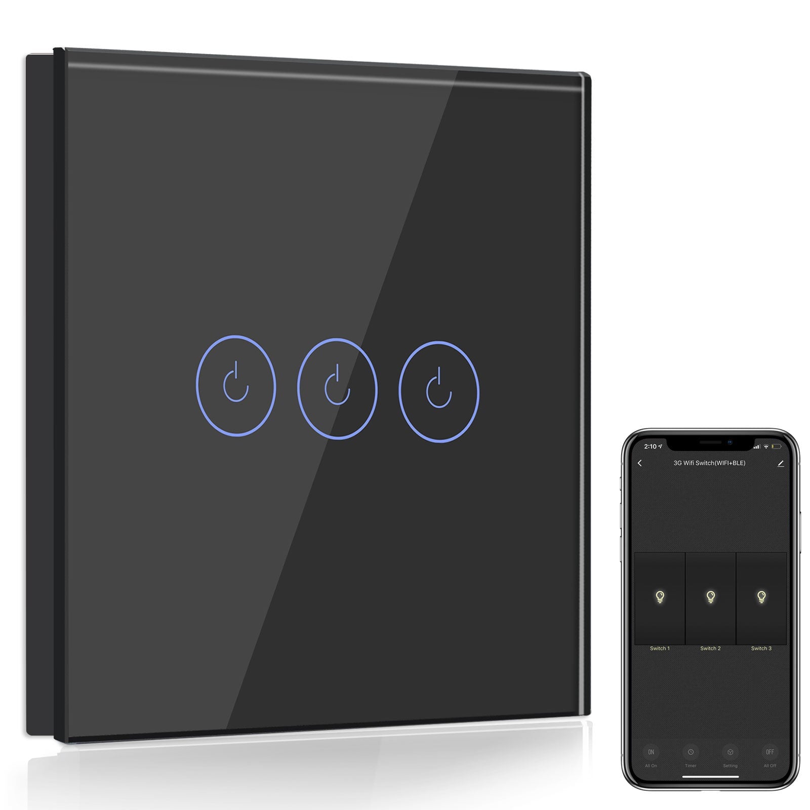 Bseed Smart Wifi Light Switch Wall Switch (With Neutral) Light Switches Bseedswitch Black 1Pcs/Pack 3 Gang