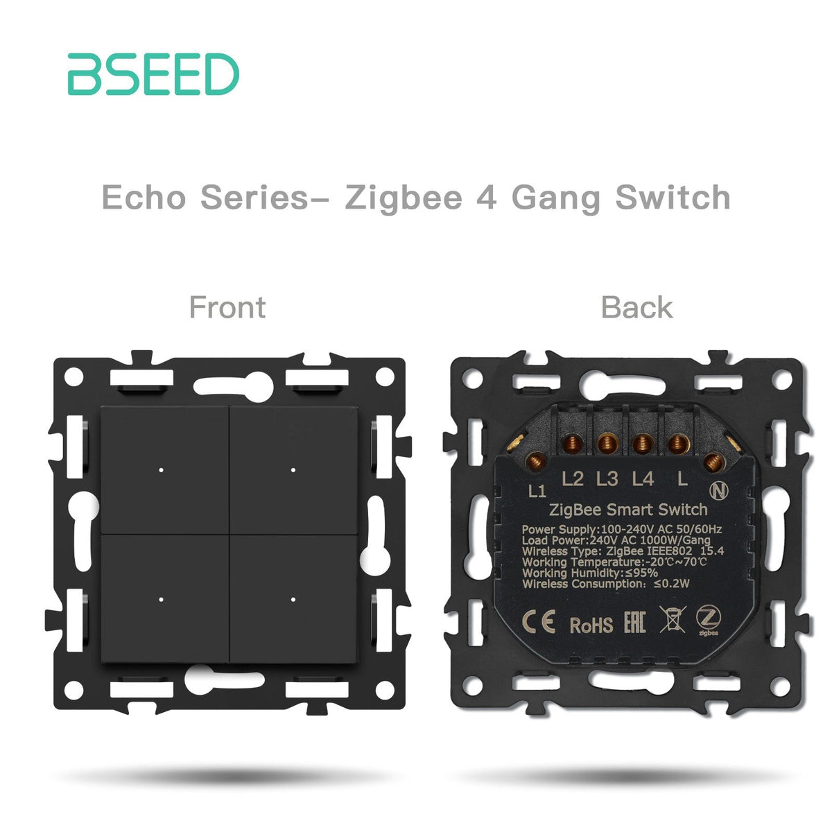BSEED DIY Part Customized Free Combinations Mechanical Switch Socket Insert Black Color Crystal Glass Panel Light Switches Bseedswitch Zigbee 4 Gang Switch with Neutral 