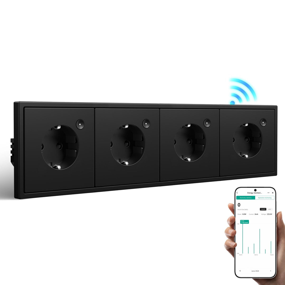 Prise intelligente Wi-Fi BSEED avec suivi de consommation, prise électrique intelligente UE, quadruple, noir, officiel Bseed 