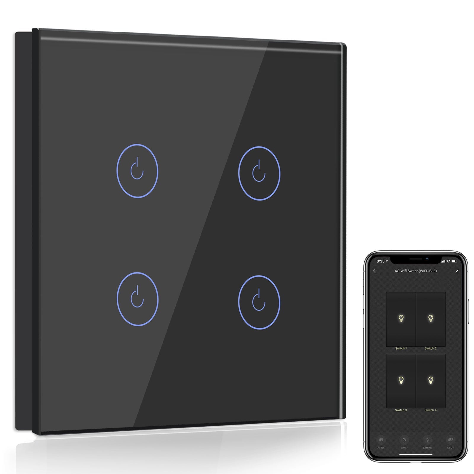 Bseed Smart Wifi Light Switch Wall Switch (With Neutral) Light Switches Bseedswitch Black 1Pcs/Pack 4 Gang