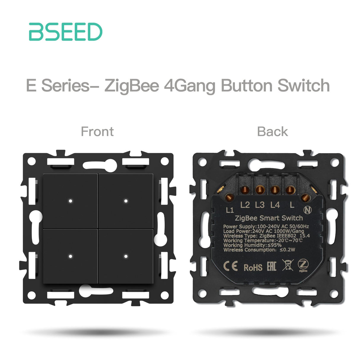 BSEED DIY Part Customized Free Combinations Mechanical Switch Socket Insert Black Color Crystal Glass Panel Light Switches Bseedswitch Zigbee 4 Gang Switch with Neutral 