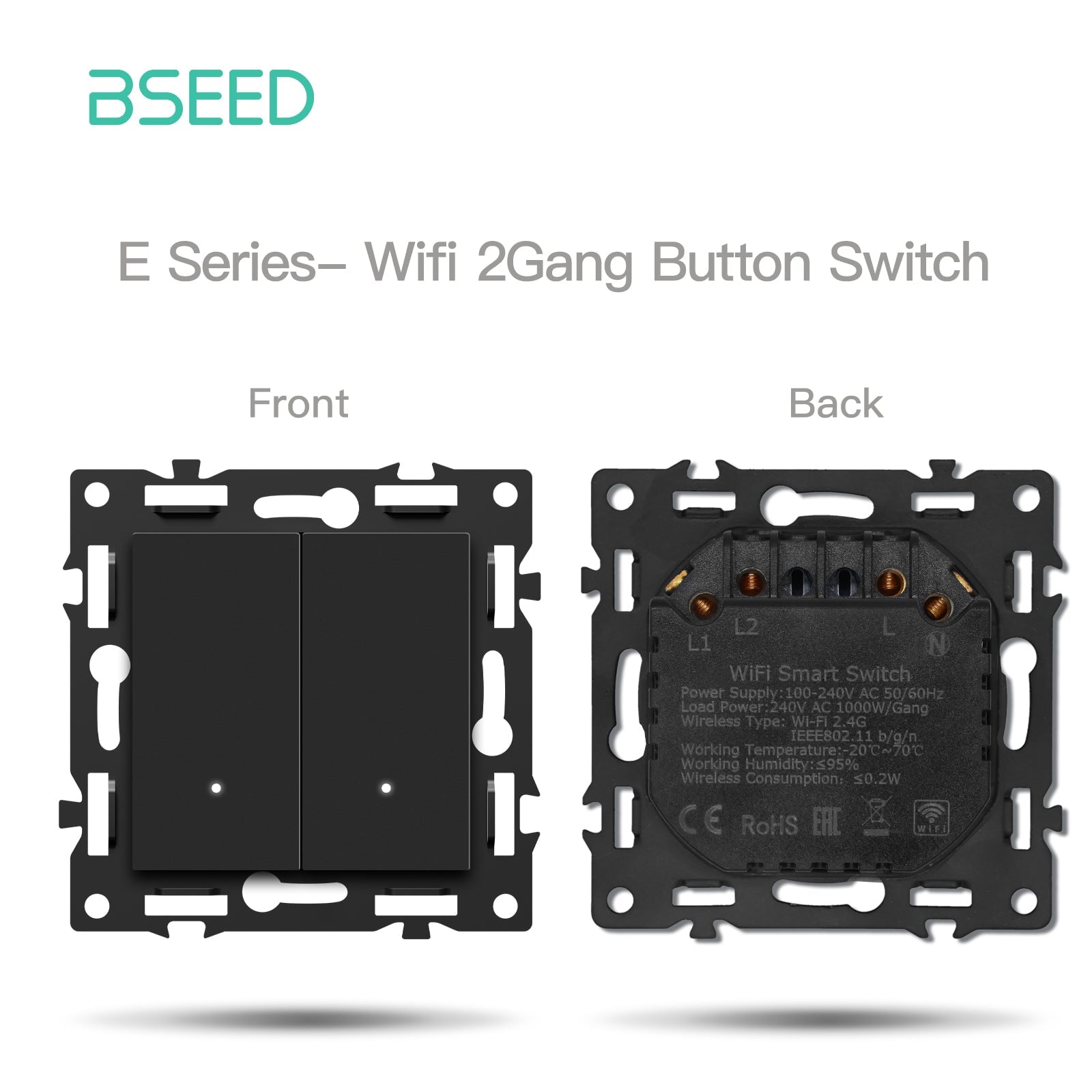 BSEED DIY Part Customized Free Combinations Mechanical Switch Socket Insert Black Color Crystal Glass Panel Light Switches Bseedswitch Wifi 2 Gang Switch with Neutral 