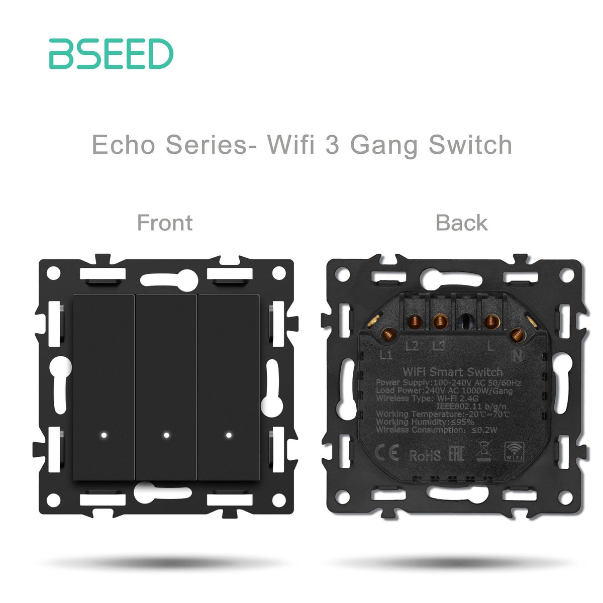 Interruttore Smart Wifi Bseed serie Click, parte fai-da-te, combinazioni personalizzabili, inserto presa, pannello in vetro cristallo nero, interruttore 3 Gang, richiede filo neutro 