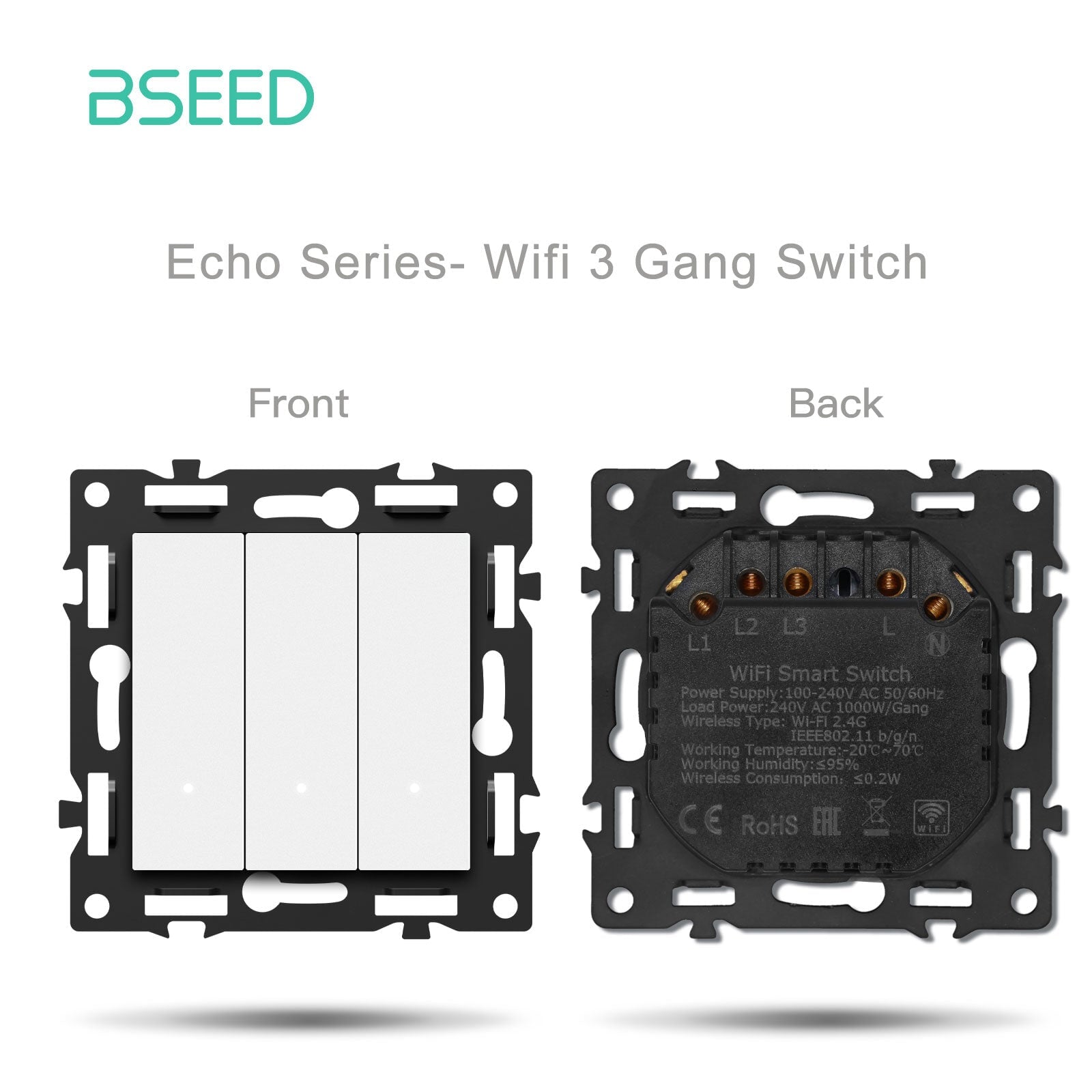 Interruptor inteligente WiFi Bseed de la serie Click, pieza de bricolaje con combinaciones personalizadas, panel de cristal blanco, interruptor de luz WiFi 3 Gang, requiere cable neutro 