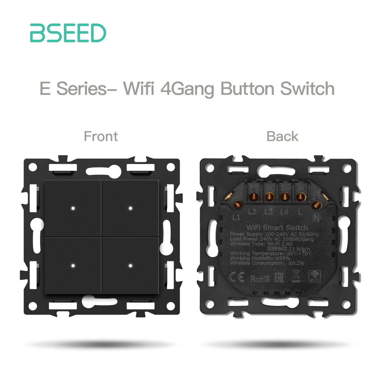 BSEED DIY Part Customized Free Combinations Mechanical Switch Socket Insert Black Color Crystal Glass Panel Light Switches Bseedswitch Wifi 4 Gang Switch with Neutral 