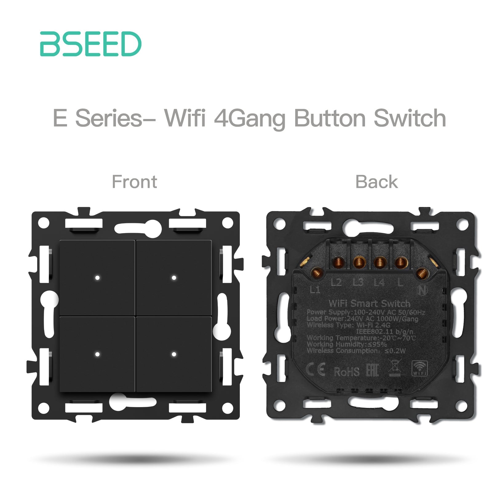 BSEED DIY Part Customized Free Combinations Mechanical Switch Socket Insert Black Color Crystal Glass Panel Light Switches Bseedswitch Wifi 4 Gang Switch with Neutral 