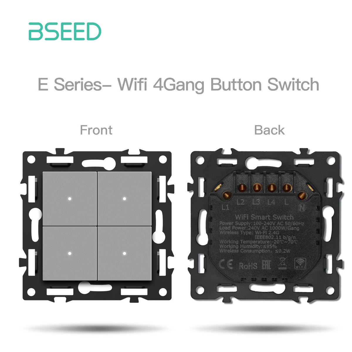 BSEED DIY Part Customized Free Combinations Mechanical Light Switch Wall Socket Insert Grey Color Crystal Glass Panel Light Switches Bseedswitch Wifi 4 Gang Switch with Neutral 