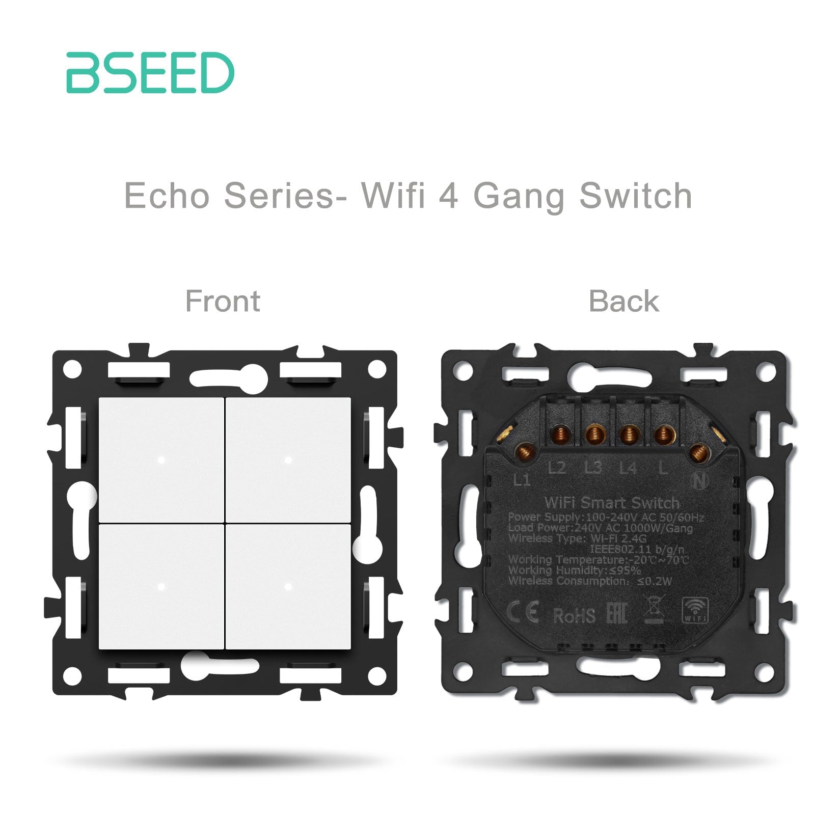 Interruptor inteligente WiFi Bseed de la serie Click, pieza de bricolaje con combinaciones personalizables, panel de cristal blanco, interruptor de 4 grupos, requiere cable neutro 