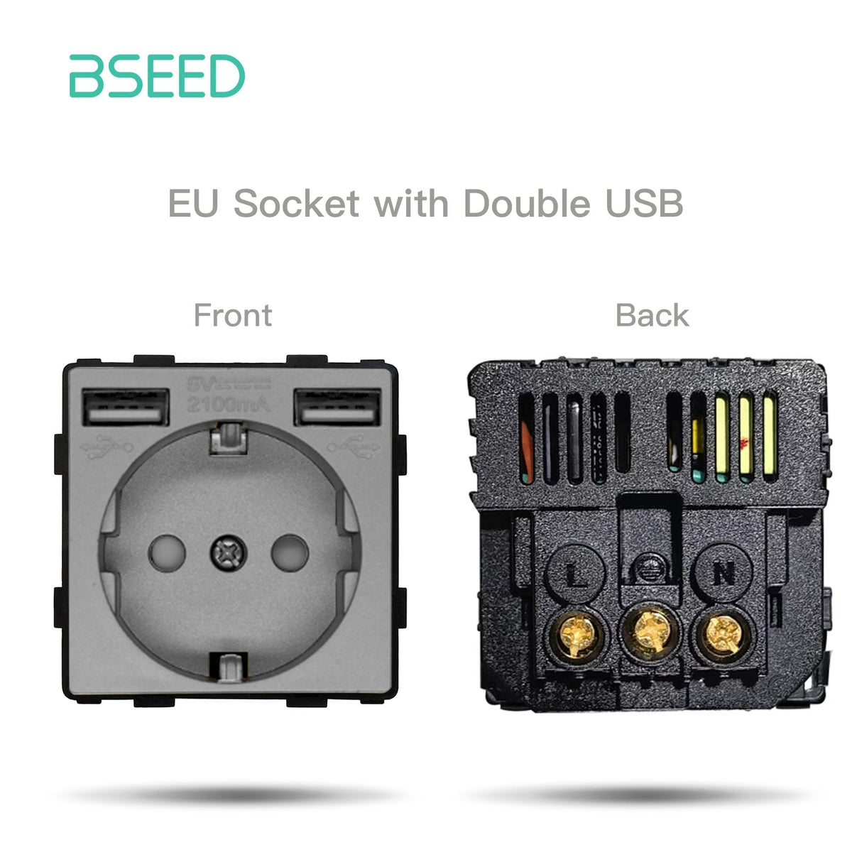 Tomada elétrica Bseed com interruptor, peça de encaixe para parede, combinação livre DIY, cor cinzenta, tomada UE com 2 portas USB de 10W 