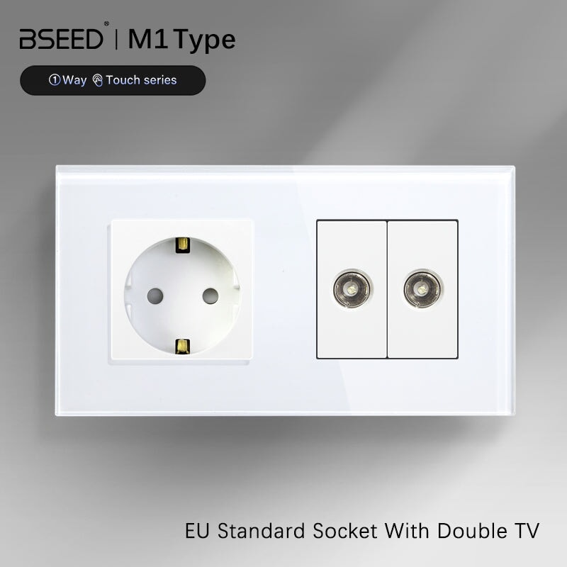 BSEED EU Standard Wall Socket With Double TV Socket Crystal Glass Pane ...