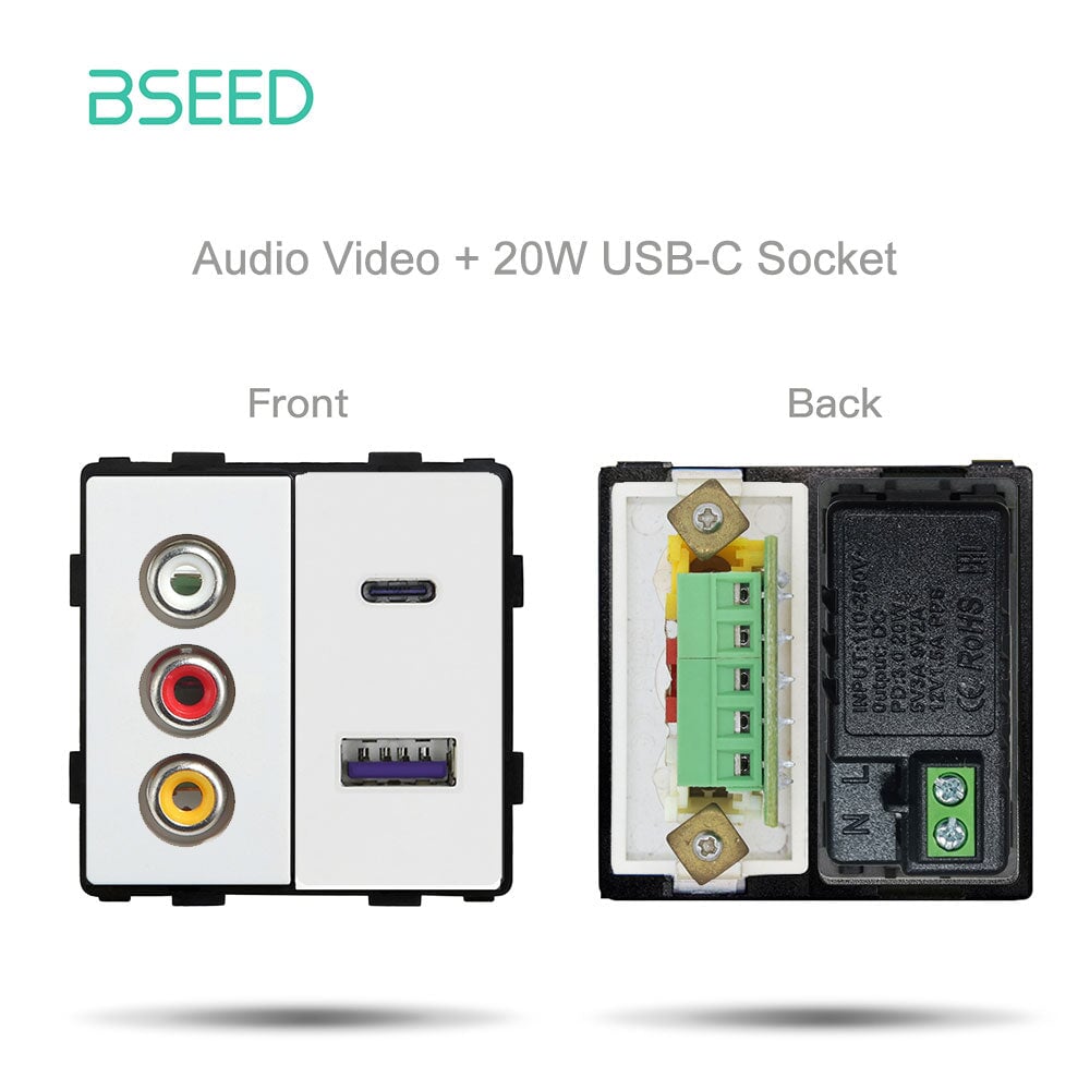 Bseed EU UK Russia Standard Plastic Socket Button Switch Function Key DIY Home Improvement Wall Plates & Covers Bseedswitch White AV1 with USB-C Function Key 