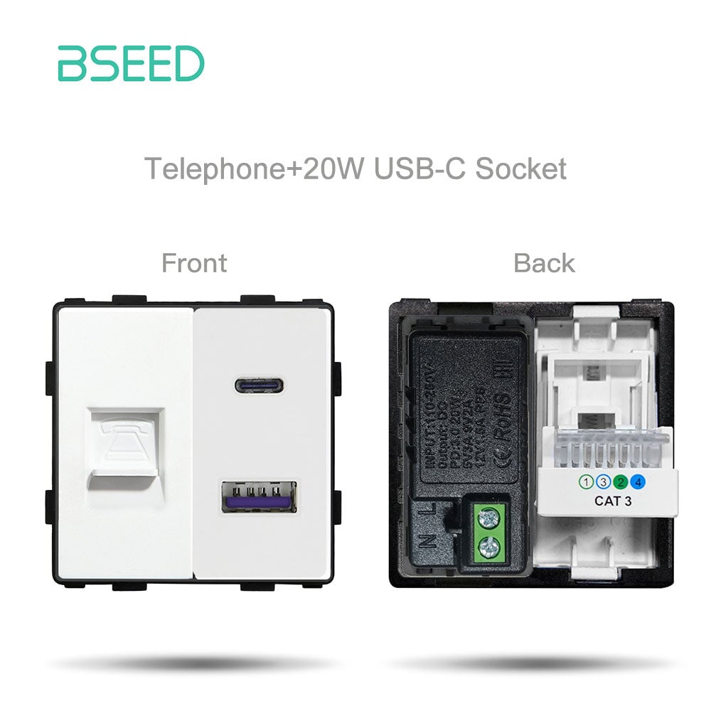 Bseed EU UK Russia Standard Plastic Socket Button Switch Function Key DIY Home Improvement Wall Plates & Covers Bseedswitch White TEL WithUSB-C Function Key 