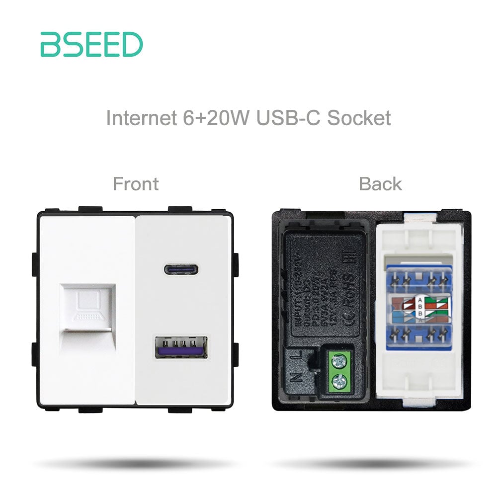 Bseed EU UK Russia Standard Plastic Socket Button Switch Function Key DIY Home Improvement Wall Plates & Covers Bseedswitch White Computer With USB-C Function Key 