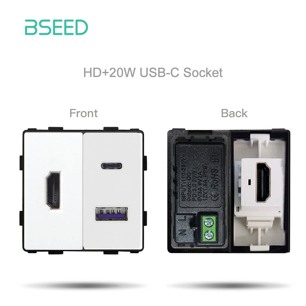 Bseed EU UK Russia Standard Plastic Socket Button Switch Function Key DIY Home Improvement Wall Plates & Covers Bseedswitch White HD with USB-C Function Key 