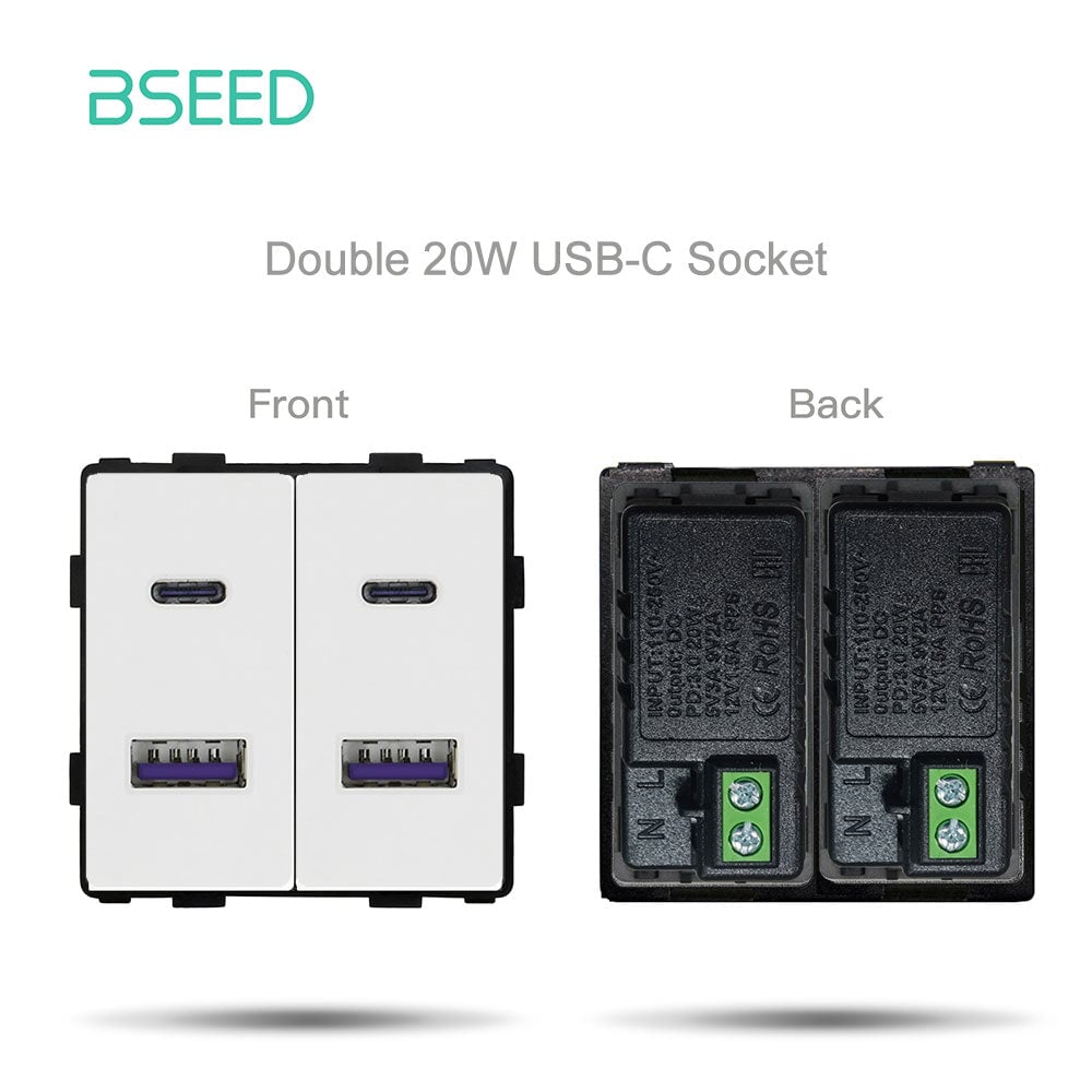 Bseed EU UK Russia Standard Plastic Socket Button Switch Function Key DIY Home Improvement Wall Plates & Covers Bseedswitch White Double USB-C Socket Function Key 