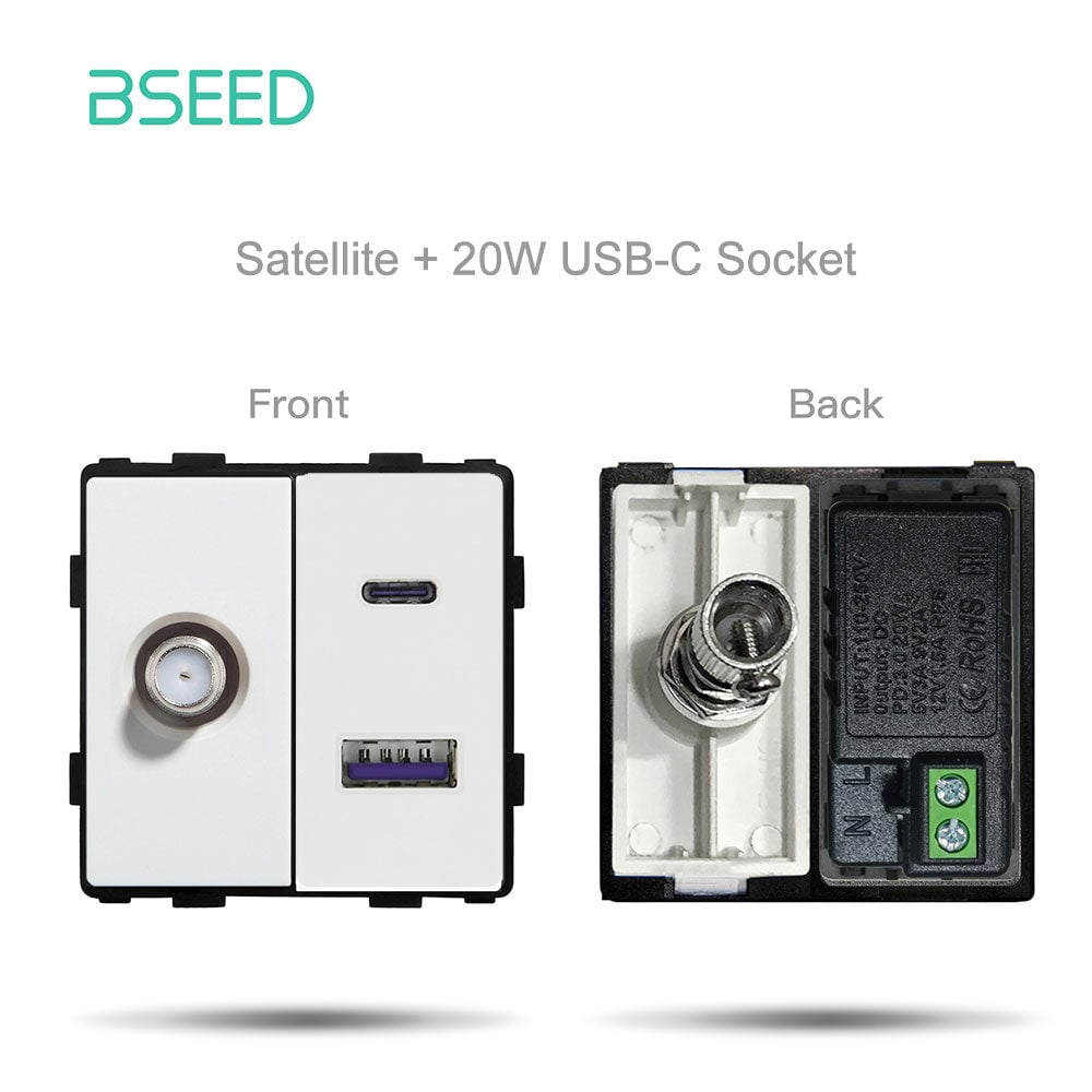 Bseed EU UK Russia Standard Plastic Socket Button Switch Function Key DIY Home Improvement Wall Plates & Covers Bseedswitch White Satellite With USB-C Function Key 