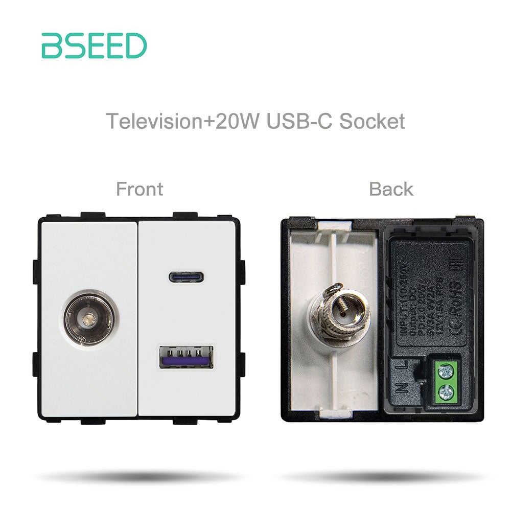 Bseed EU UK Russia Standard Plastic Socket Button Switch Function Key DIY Home Improvement Wall Plates & Covers Bseedswitch White female TV With USB-C Function Key 