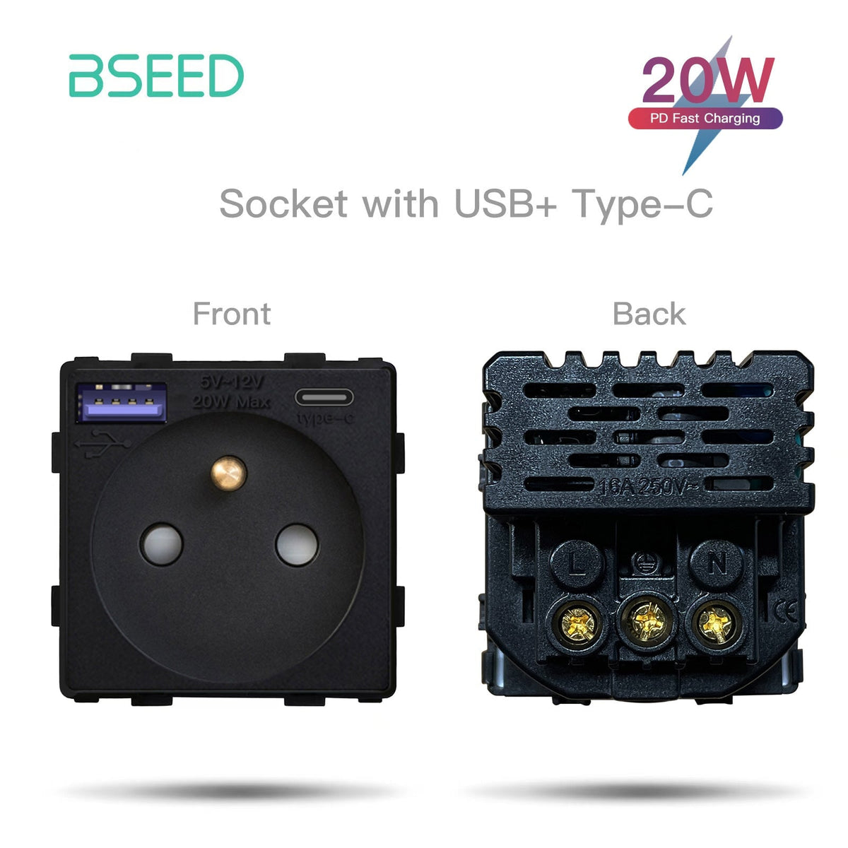 Bseed Crystal Glass Frame Smart Switch Socket Frame USB RJ45 Socket TV Satellite Wall Plug Function Parts DIY Free Combination Black Color Power Outlets & Sockets Bseedswitch FR Socket with 20W USB+Type-c 