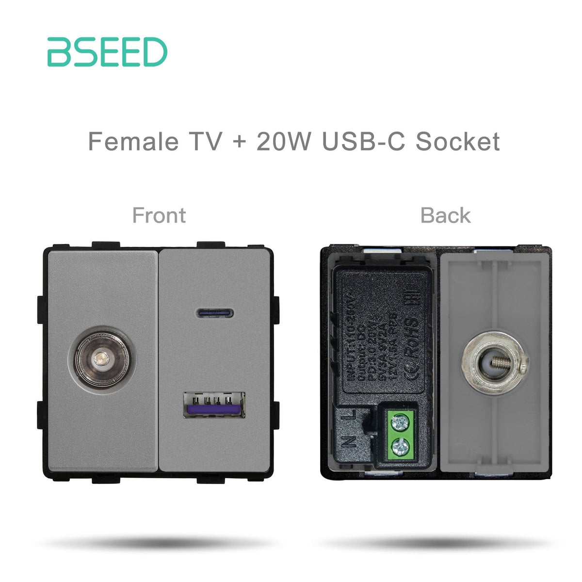 Bseed Prise standard UE/UK/Russie, bouton-poussoir, touche de fonction, bricolage, plaques et couvercles muraux, interrupteur Bseed gris satellite avec touche de fonction USB-C 