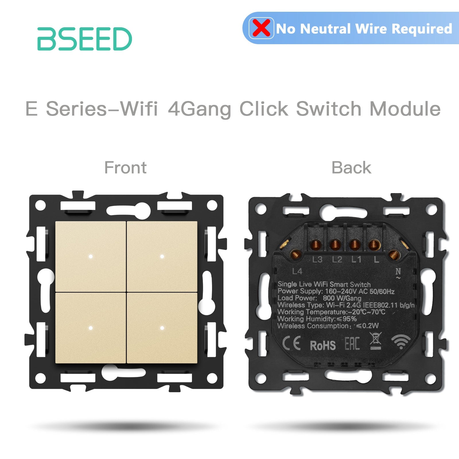 Click Series DIY Part Customized Free Combinations Smart Wifi Switch Socket Insert Gold Color Crystal Glass Panel Light Switches Bseedswitch Wifi 4 Gang Switch Without Neutral Line 