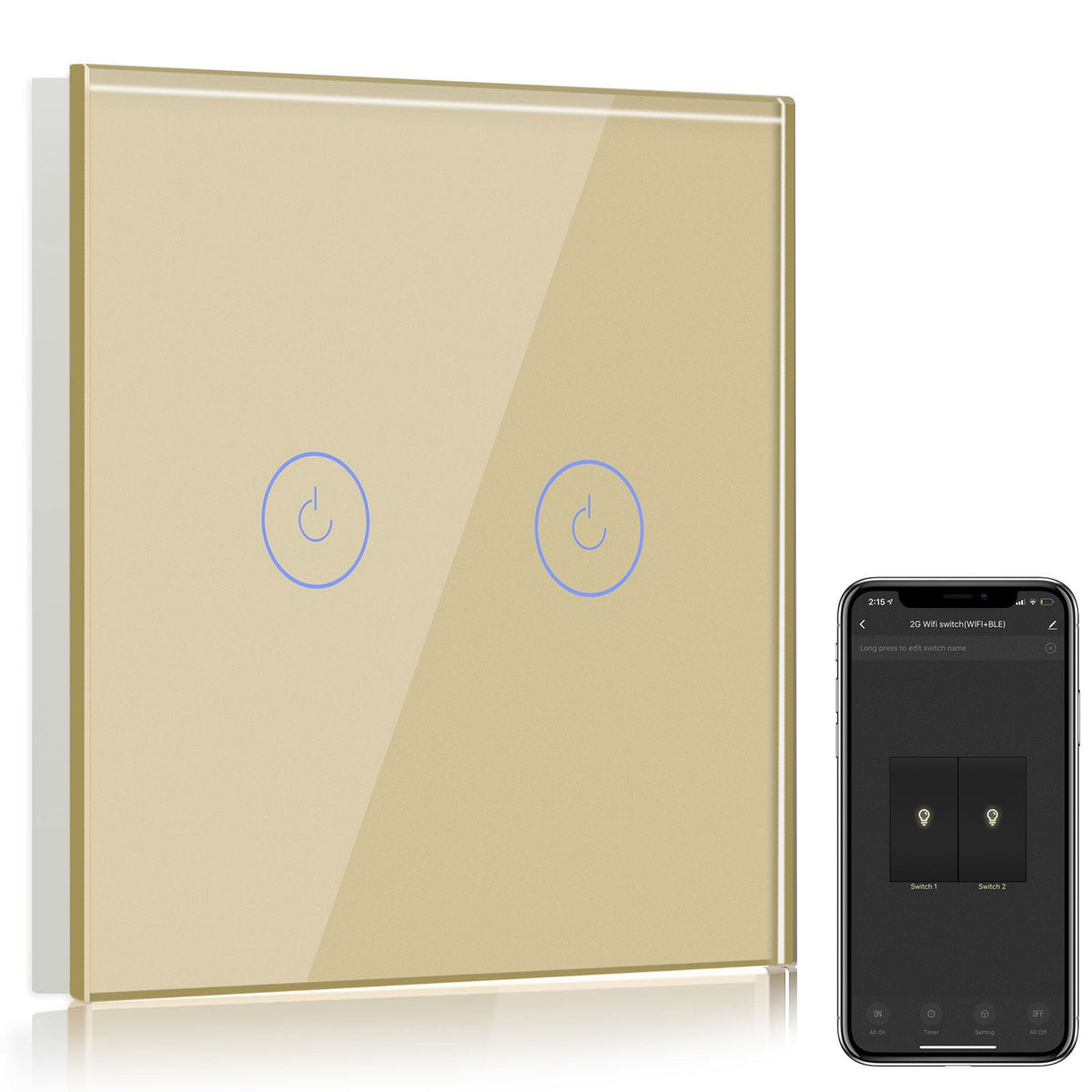 Bseed Smart Wifi Light Switch Wall Switch (With Neutral) Light Switches Bseedswitch Gold 1Pcs/Pack 2 Gang
