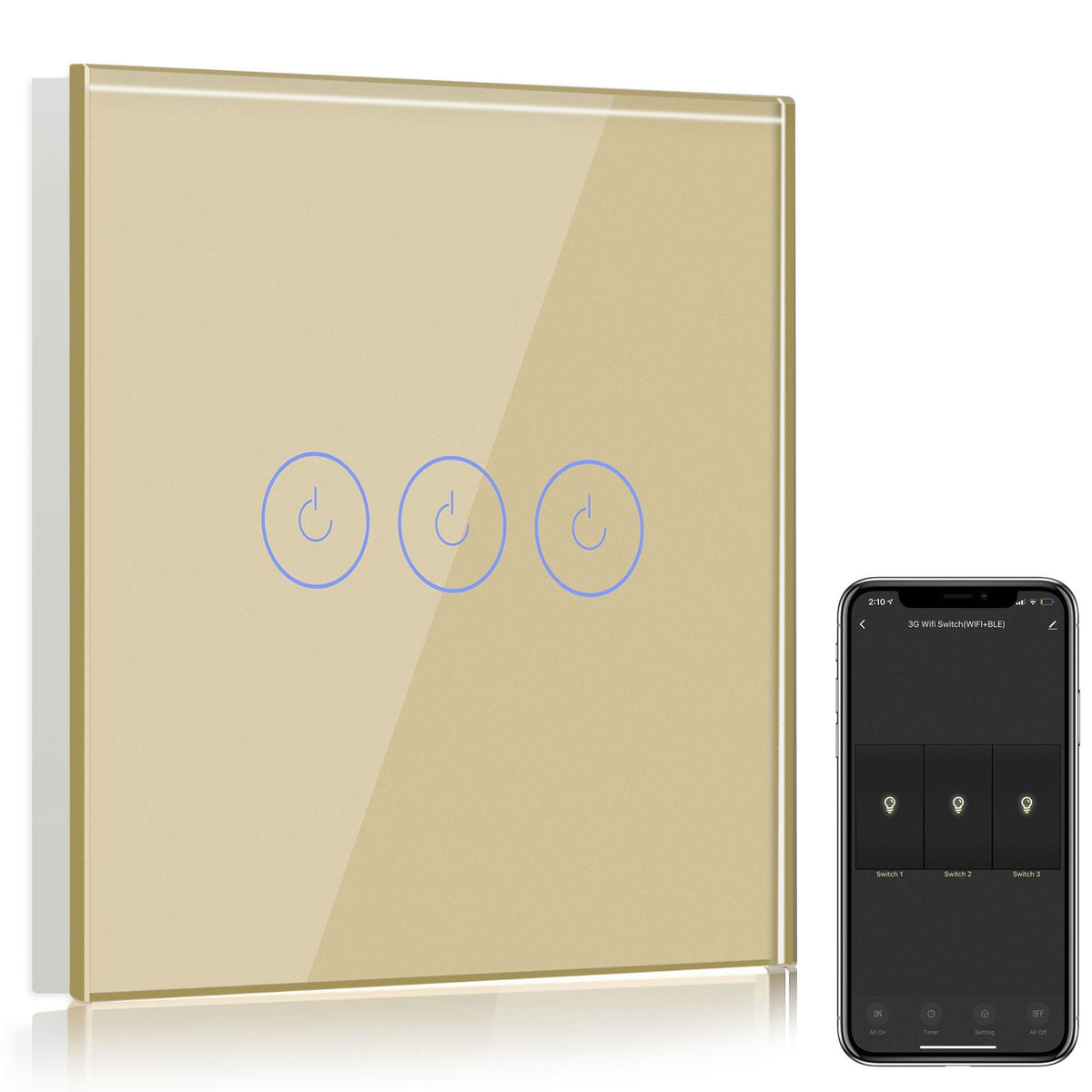 Bseed Smart Wifi Light Switch Wall Switch (With Neutral) Light Switches Bseedswitch Gold 1Pcs/Pack 3 Gang