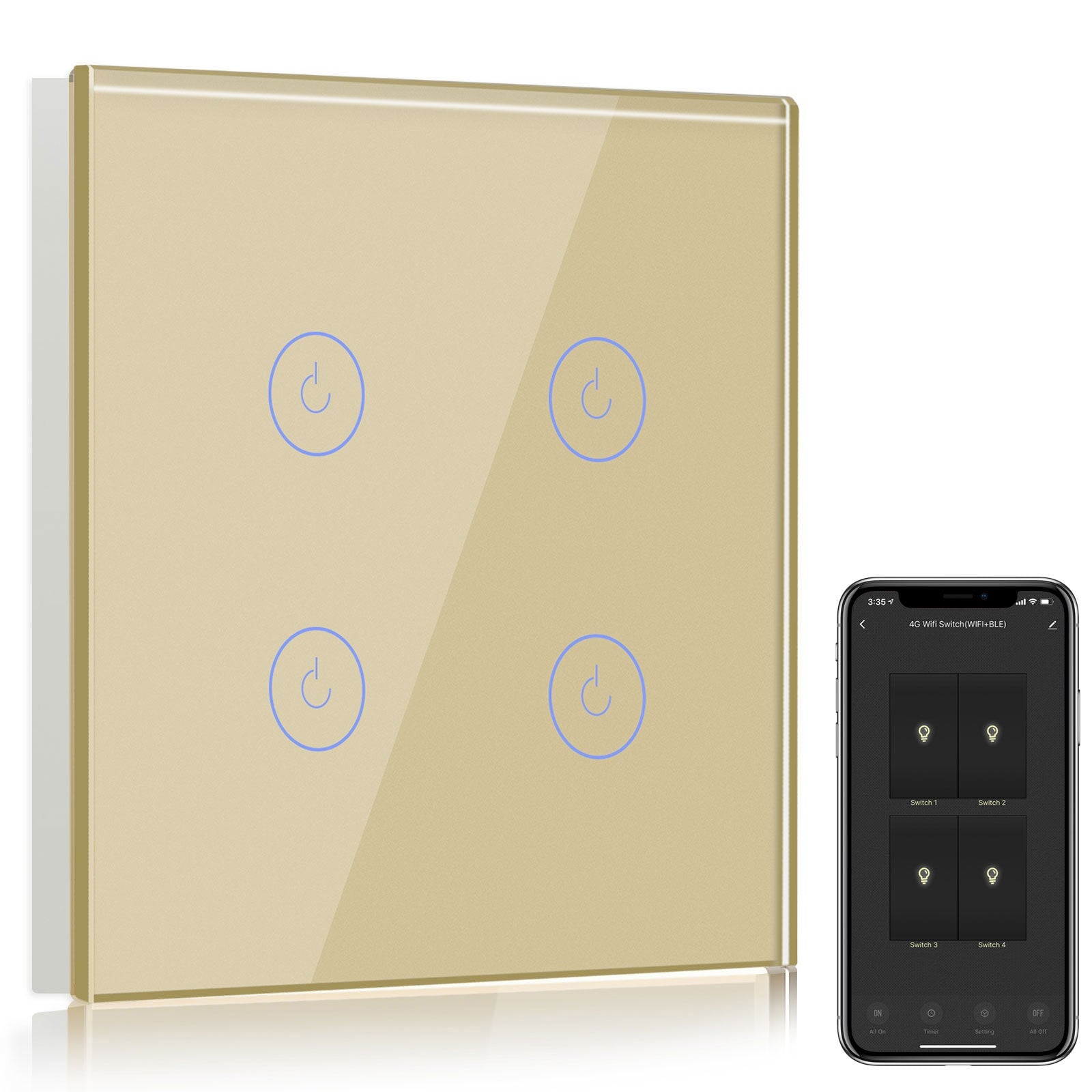 Bseed Smart Wifi Light Switch Wall Switch (With Neutral) Light Switches Bseedswitch Gold 1Pcs/Pack 4 Gang