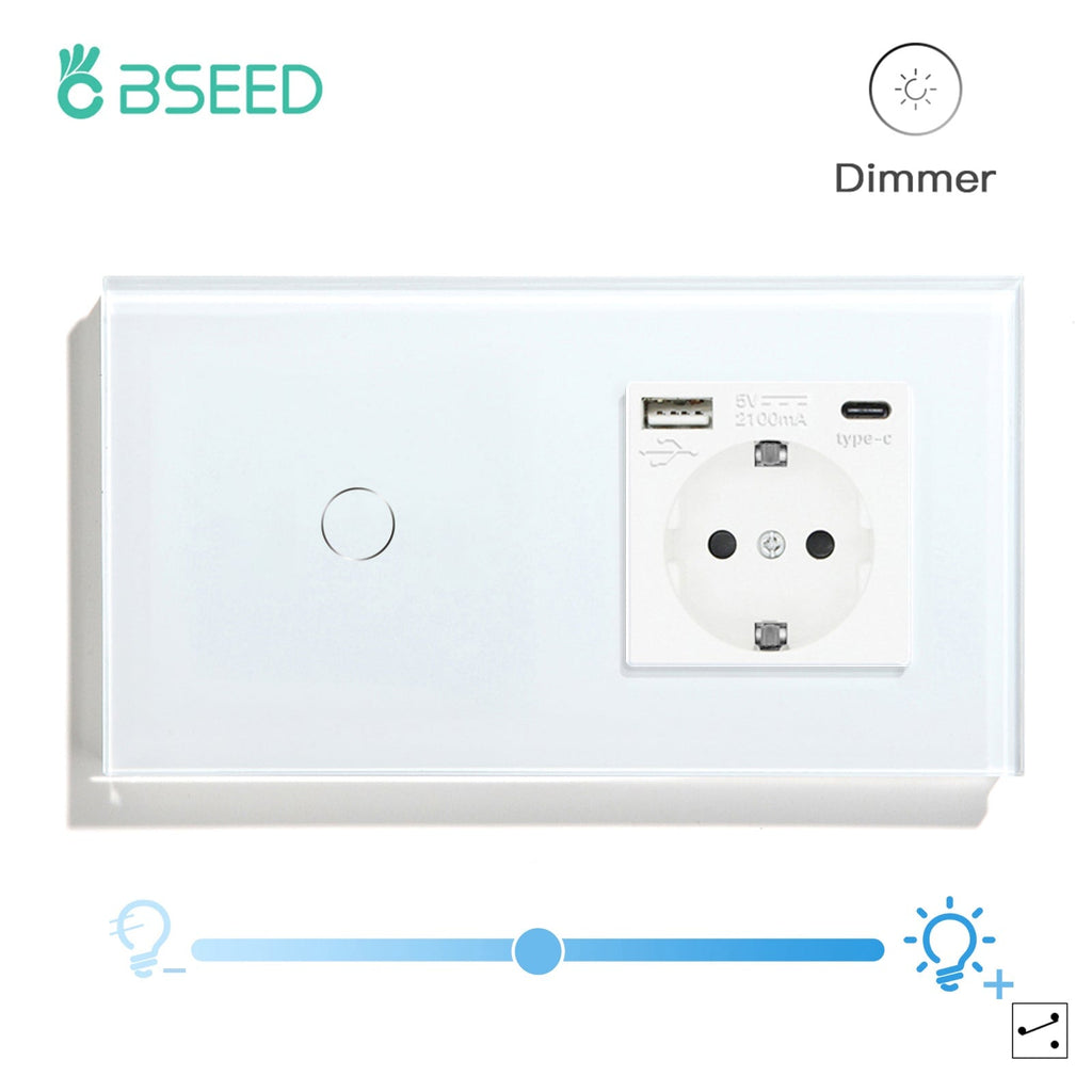 BSEED Touch dimmer Light Switch With socket with USB-C Power Outlets & Sockets Bseedswitch White 1Gang 1Way