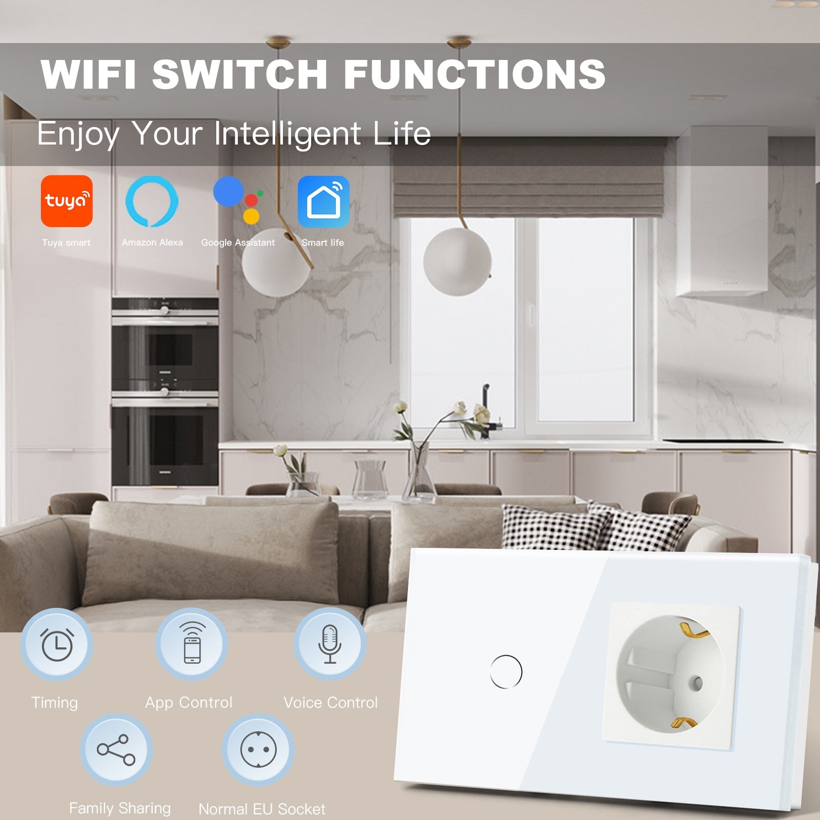 Bseed Smart WiFi Light Switch with European Standard Outlet and Mobile Remote Control Smart Multi-Control Switch In Germany Light Switches Bseedswitch 