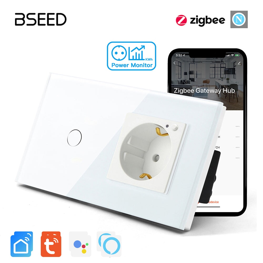 Bseed Zigbee Light Switch 1/2/3 Way With Zigbee Socket with Metering Light Switches Bseedswitch White 1 Gang With Socket 