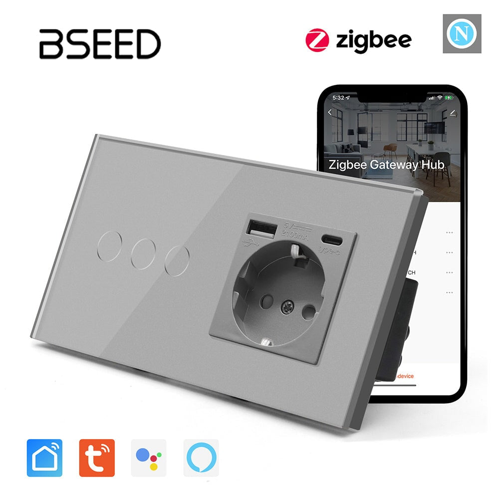 Bseed Zigbee 1/2/3 Light Switch 1/2/3 Way With EU Socket With USB and