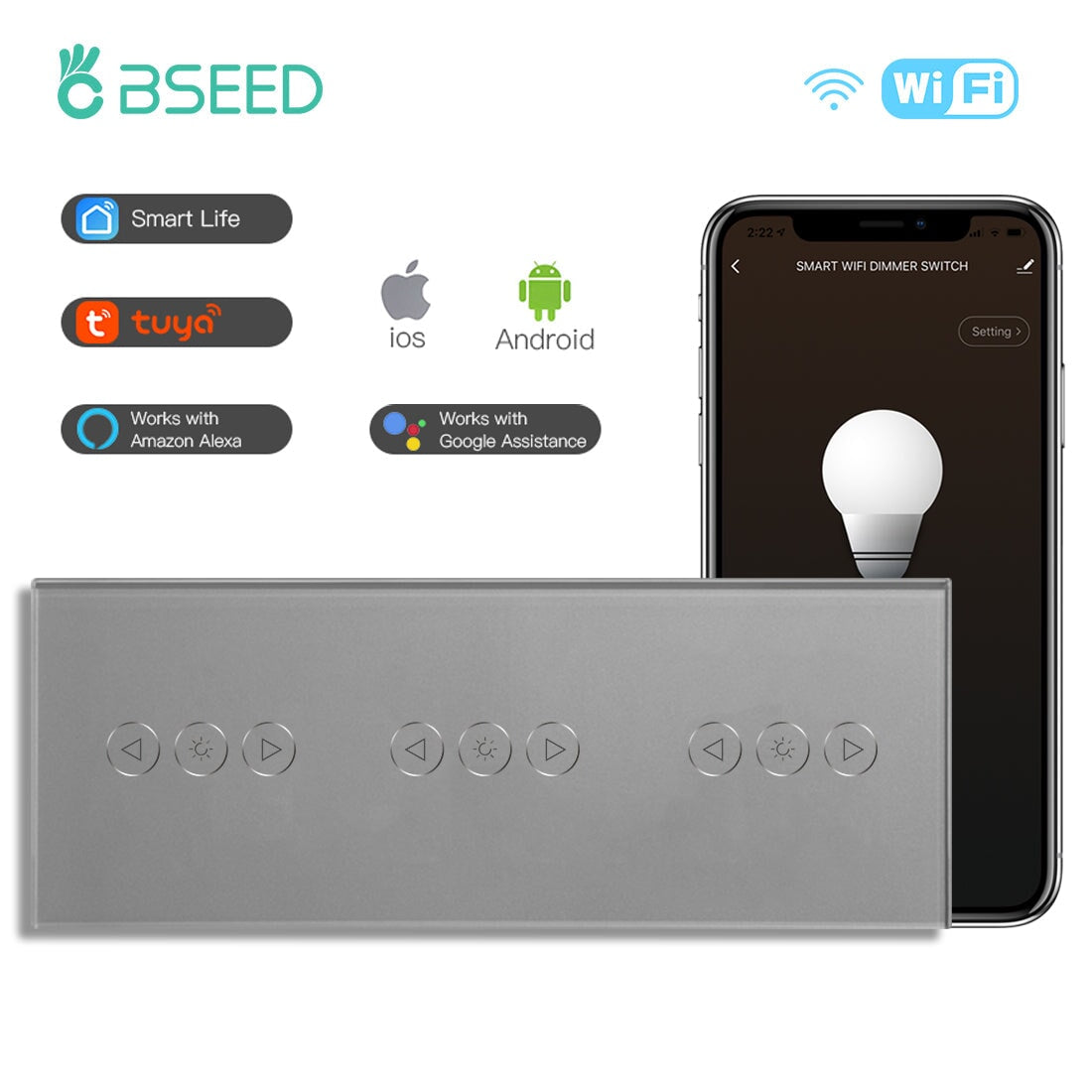 BSEED Touch dimmer 1-voudig 1-weg (geen wifi) en wifi-schakelaar 2-voudig 1- weg (neutrale kabel vereist) Smart Alexa glasplaat wandlichtschakelaar grijs BSEED Touch dimmer 1-voudig 1-weg (geen wifi) en wifi-schakelaar 2-voudig 1- weg (neutrale kabel vereist) Smart Alexa glasplaat wandlichtschakelaar grijs