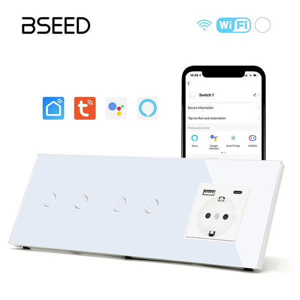 Double Wifi Light Switch neutral line with Eu socket type-c Plug 2.1A 228mm Light Switches Bseedswitch 