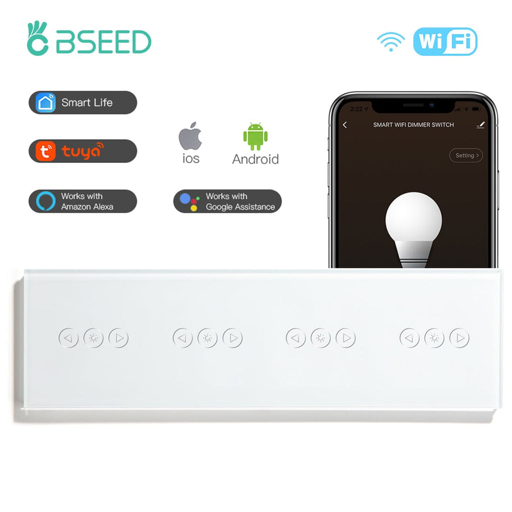 Bseed 4x WiFi Touch Dimmer Switch 299mm Crystal Glass Panel Smart Blind Work With Tuya App Switch Bseedswitch White 