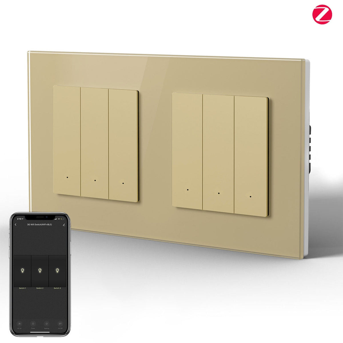 Double light switch intelligent Zigbee BSEED (avec neutre), hub requis, compatible avec Tuya et Alexa. Interrupteur light switch Bseed, couleur or, 3 Gang. 