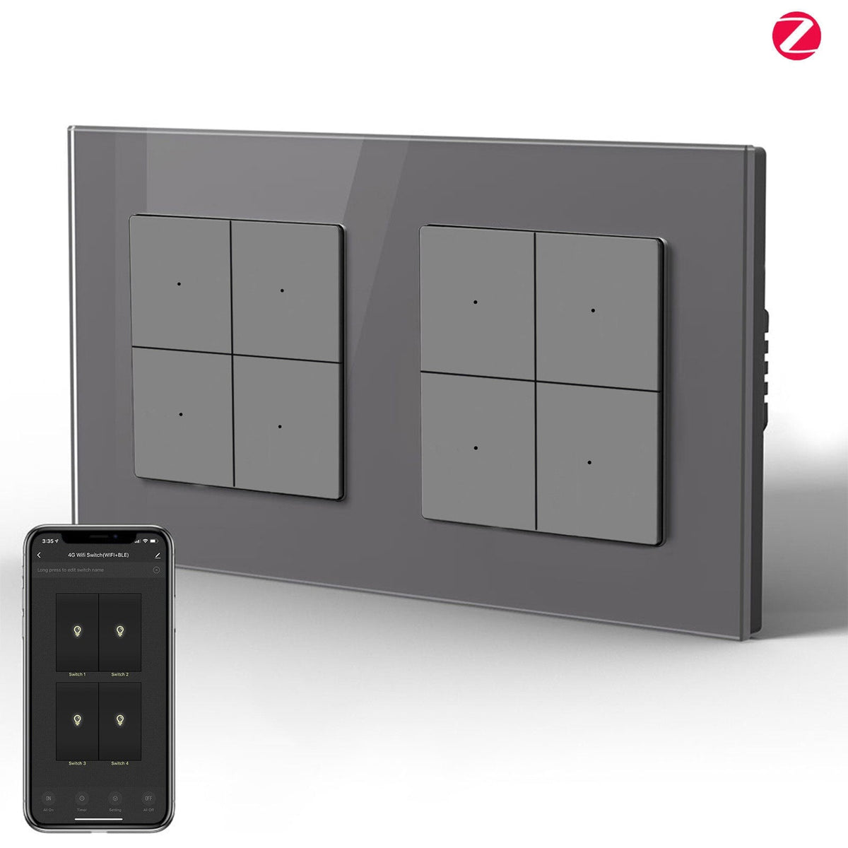 BSEED Double Smart Zigbee light switch (avec neutre), hub requis, compatible avec Tuya et Alexa, light switch Bseed, gris, 4 Gang 