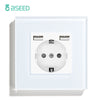 BSEED EU / FR Standard Wall Socket With Double USB Crystal Mirror Glass Panel Bseedswitch White Signle EU