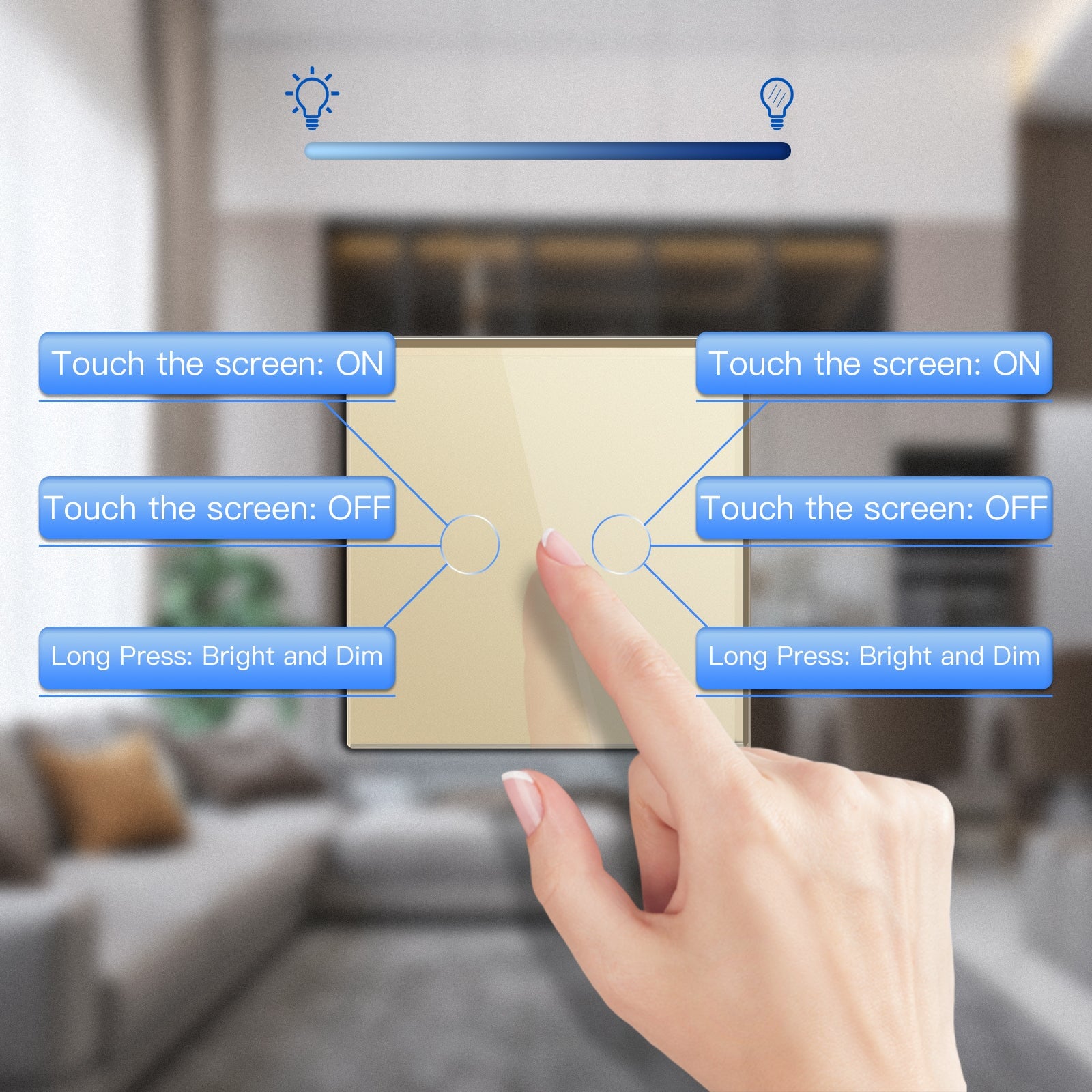 Bseed EU Standard Touch LED Dimmer 2Gang 1 Way With Crystal Glass Panel Light Switches Bseedswitch 