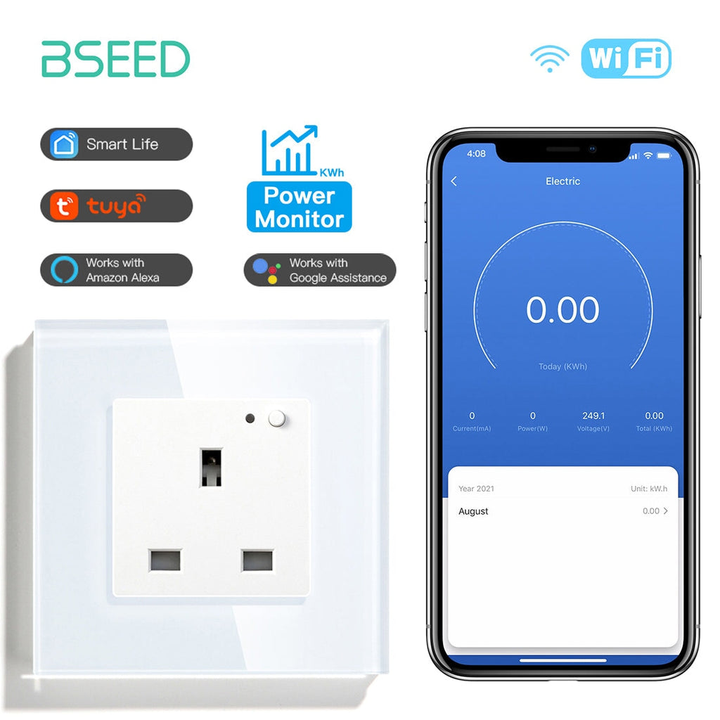 BSEED Smart WiFi UK Standards Wall Sockets with Metering Power Outlets & Sockets Bseedswitch white Signle 