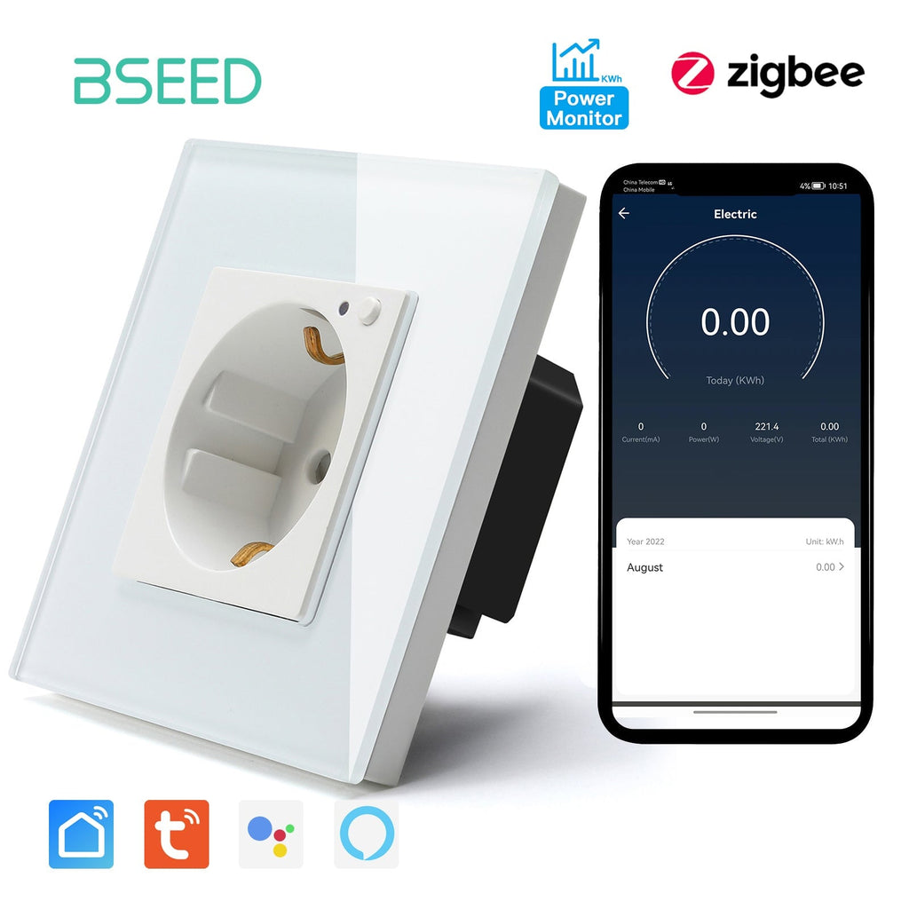 BSEED ZigBee EU Wall Sockets Power Outlets With Energy Monitoring Kids Protection Wall Plates & Covers Bseedswitch white Signle 