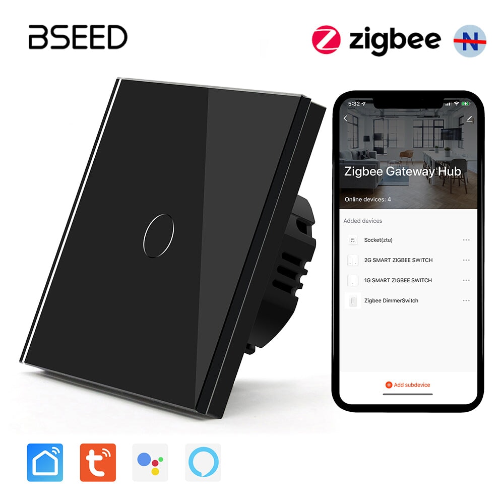 BSEED Zigbee Single Live Line Switch 1/2/3 Gang 1/2/3 Way Wall Smart Light Switch Single Live Line 1/2/3 pack Light Switches Bseedswitch 