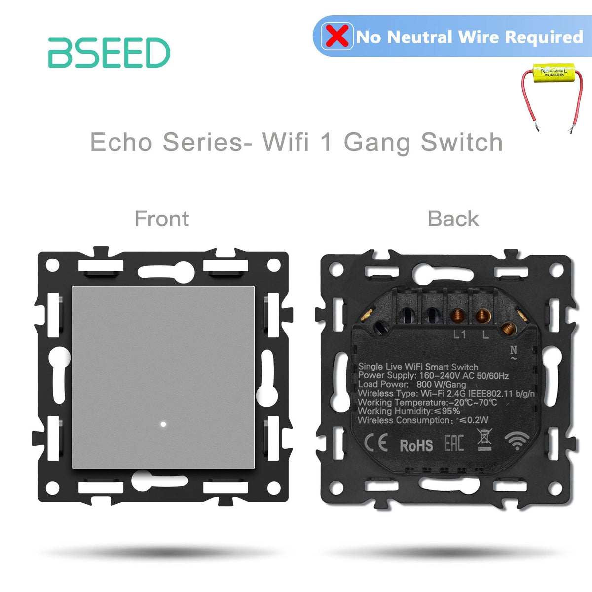 Click Series DIY Part Customized Free Combinations Smart Wifi Switch Socket Insert Grey Color Crystal Glass Panel Light Switches Bseedswitch Wifi 1 Gang Switch without Neutral Line 