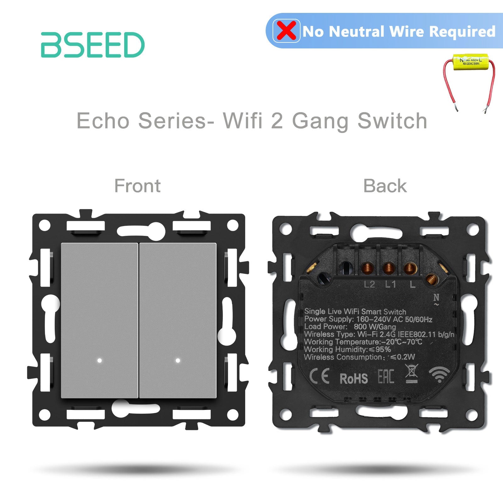 Pièce DIY BSEED, combinaisons personnalisées, insert de prise murale et light switch mécanique, couleur grise, panneau en verre cristal, light switch, 2 Gang, switch Wifi sans neutre BSEED. 
