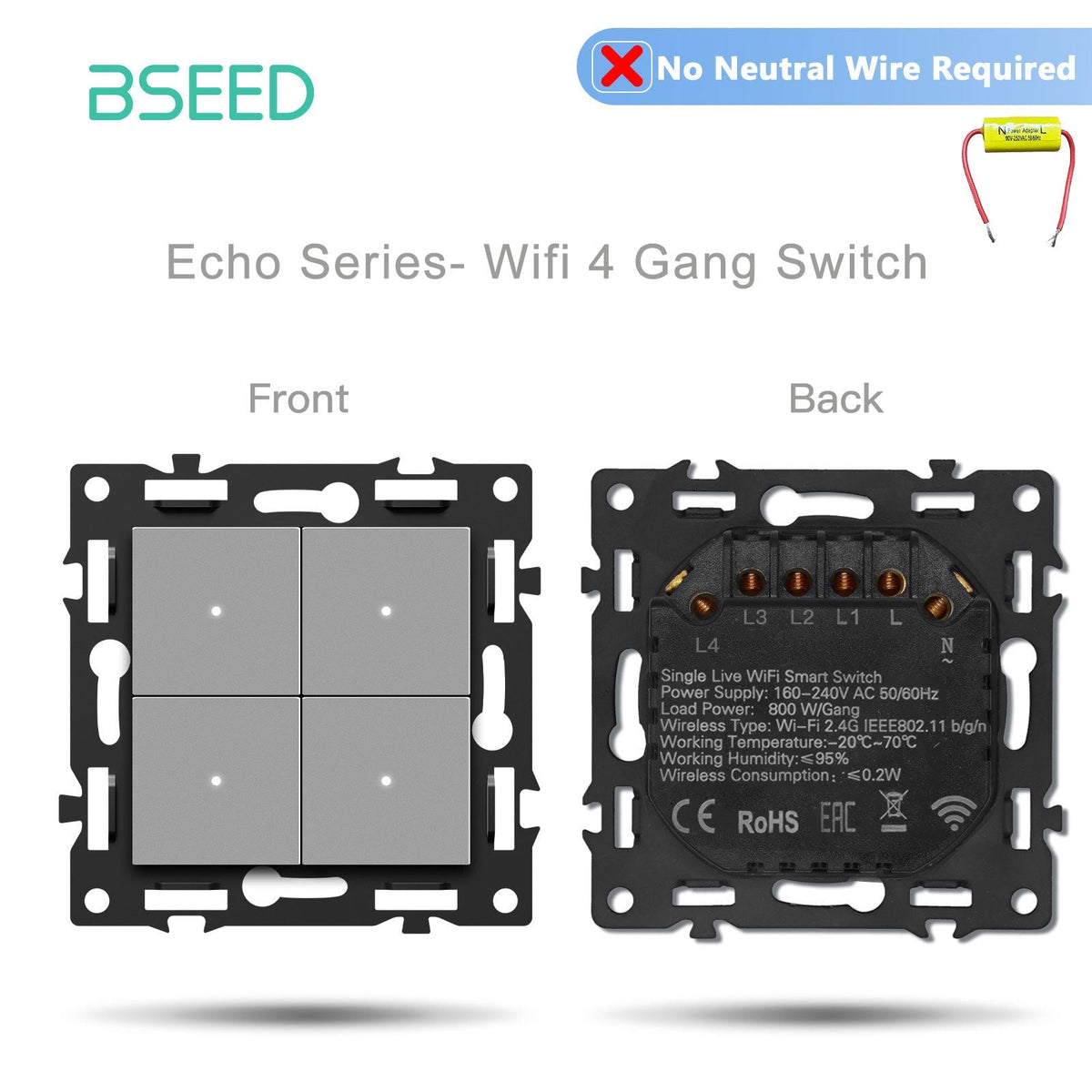 Click Series DIY Part Customized Free Combinations Smart Wifi Switch Socket Insert Grey Color Crystal Glass Panel Light Switches Bseedswitch Wifi 4 Gang Switch without Neutral Line 