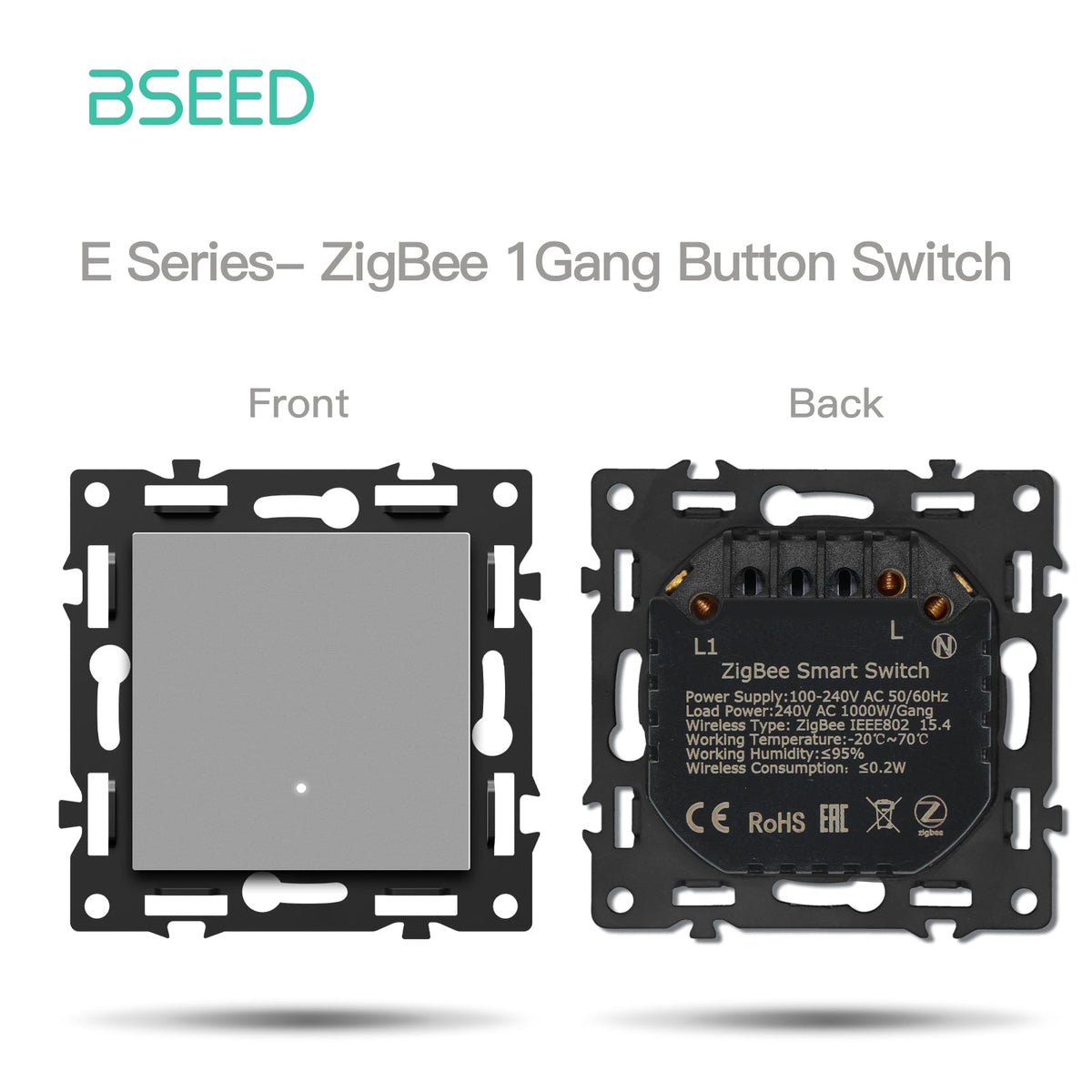 BSEED DIY Part Customized Free Combinations Mechanical Light Switch Wall Socket Insert Grey Color Crystal Glass Panel Light Switches Bseedswitch Zigbee 1 Gang Switch with Neutral 