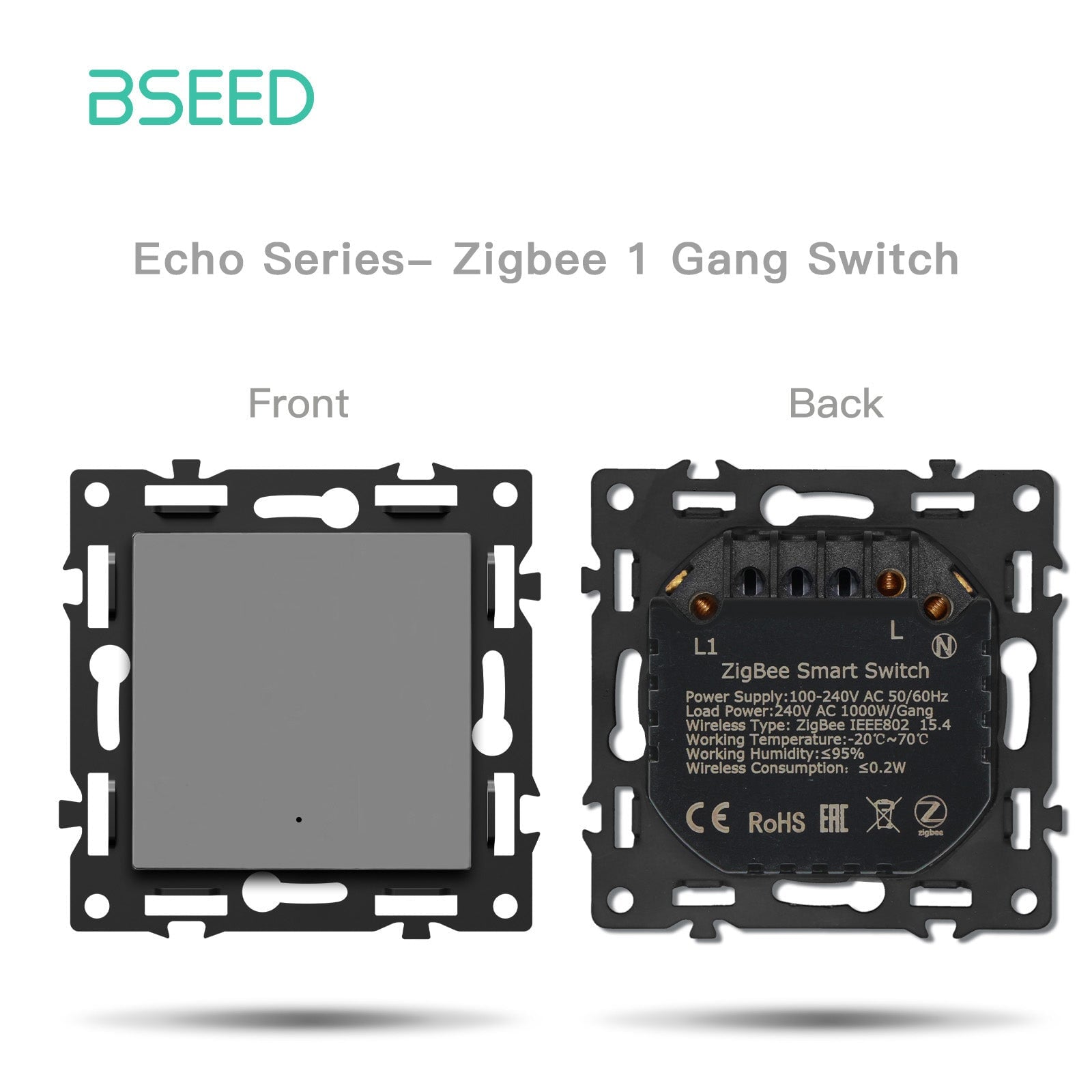Pièce DIY BSEED, combinaisons personnalisées, interrupteur mécanique light switch, prise murale, couleur grise, panneau en verre cristal, interrupteur Zigbee 1 Gang avec neutre. 